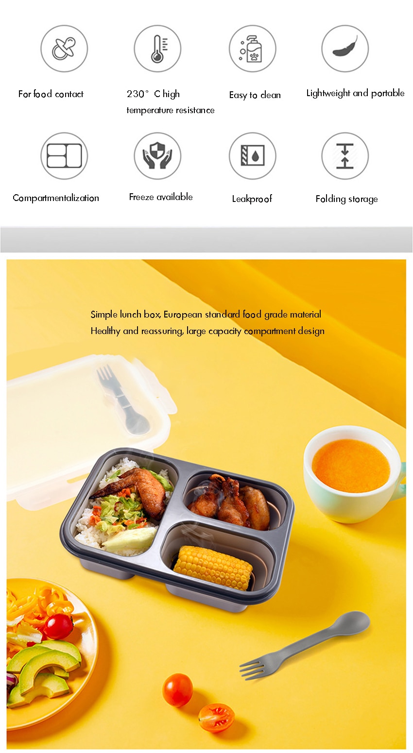Silicone Meal Prep Containers 3 Compartment - 1100ml Folding Lunch Box Containers Food Storage Containers with Lid, Fork Spoon