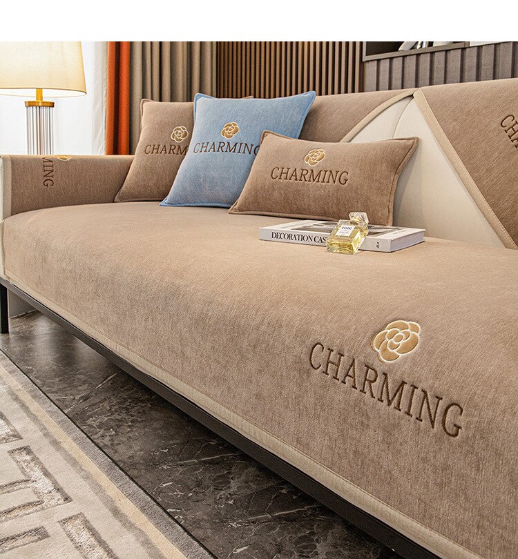 European Chenille Plush Sofa Towel Cover Solid Color Thicken Quilted Sofa Covers Non-slip Couch Cushion for Living Room Decor