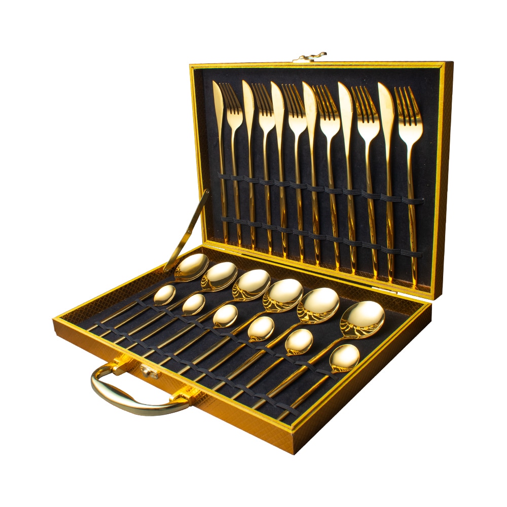 24pcs Gold Dinnerware Set Stainless Steel Tableware Knife Fork Spoon Luxury Cutlery Set Gift Box Flatware Utensils For Kitchen 24pcs Gold Dinnerware Set Stainless Steel Tableware Knife Fork Spoon Luxury Cutlery Set Gift Box Flatware Utensils For Kitchen