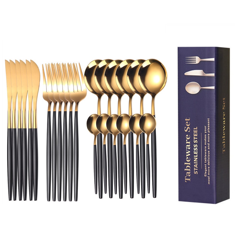 24pcs Gold Dinnerware Set Stainless Steel Tableware Knife Fork Spoon Luxury Cutlery Set Gift Box Flatware Utensils For Kitchen 24pcs Gold Dinnerware Set Stainless Steel Tableware Knife Fork Spoon Luxury Cutlery Set Gift Box Flatware Utensils For Kitchen