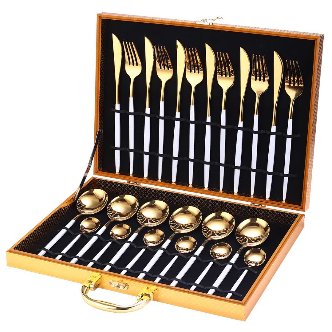 24pcs Gold Dinnerware Set Stainless Steel Tableware Knife Fork Spoon Luxury Cutlery Set Gift Box Flatware Utensils For Kitchen 24pcs Gold Dinnerware Set Stainless Steel Tableware Knife Fork Spoon Luxury Cutlery Set Gift Box Flatware Utensils For Kitchen