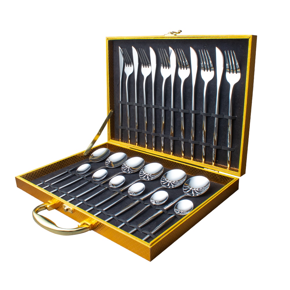 24pcs Gold Dinnerware Set Stainless Steel Tableware Knife Fork Spoon Luxury Cutlery Set Gift Box Flatware Utensils For Kitchen 24pcs Gold Dinnerware Set Stainless Steel Tableware Knife Fork Spoon Luxury Cutlery Set Gift Box Flatware Utensils For Kitchen