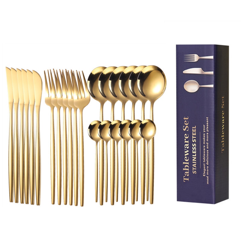 24pcs Gold Dinnerware Set Stainless Steel Tableware Knife Fork Spoon Luxury Cutlery Set Gift Box Flatware Utensils For Kitchen 24pcs Gold Dinnerware Set Stainless Steel Tableware Knife Fork Spoon Luxury Cutlery Set Gift Box Flatware Utensils For Kitchen