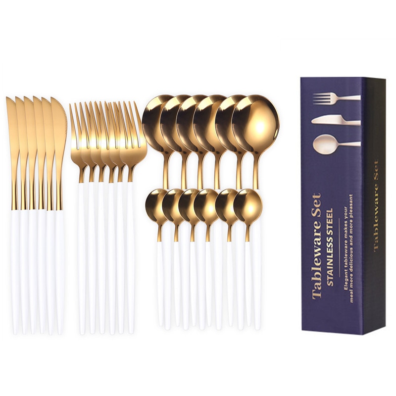 24pcs Gold Dinnerware Set Stainless Steel Tableware Knife Fork Spoon Luxury Cutlery Set Gift Box Flatware Utensils For Kitchen 24pcs Gold Dinnerware Set Stainless Steel Tableware Knife Fork Spoon Luxury Cutlery Set Gift Box Flatware Utensils For Kitchen