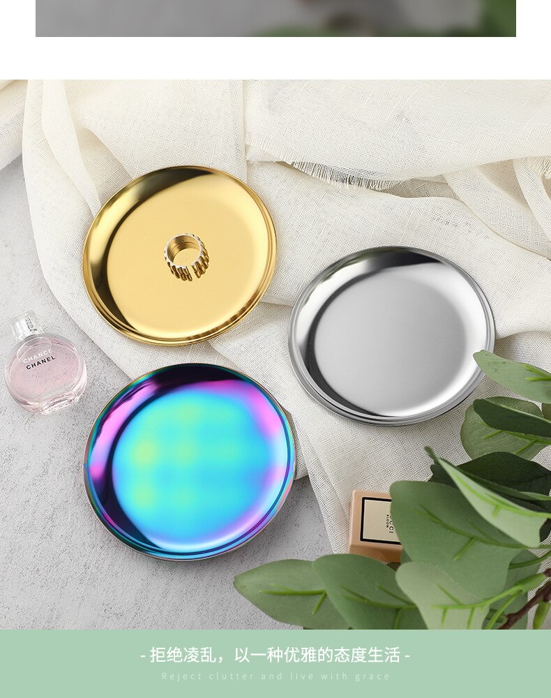 Stainless Steel Round Plate Home Kitchen Food Dessert Cake Metal Dish Pan Jewelry Ring Necklace Organizer Display Tray