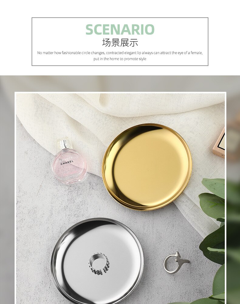 Stainless Steel Round Plate Home Kitchen Food Dessert Cake Metal Dish Pan Jewelry Ring Necklace Organizer Display Tray
