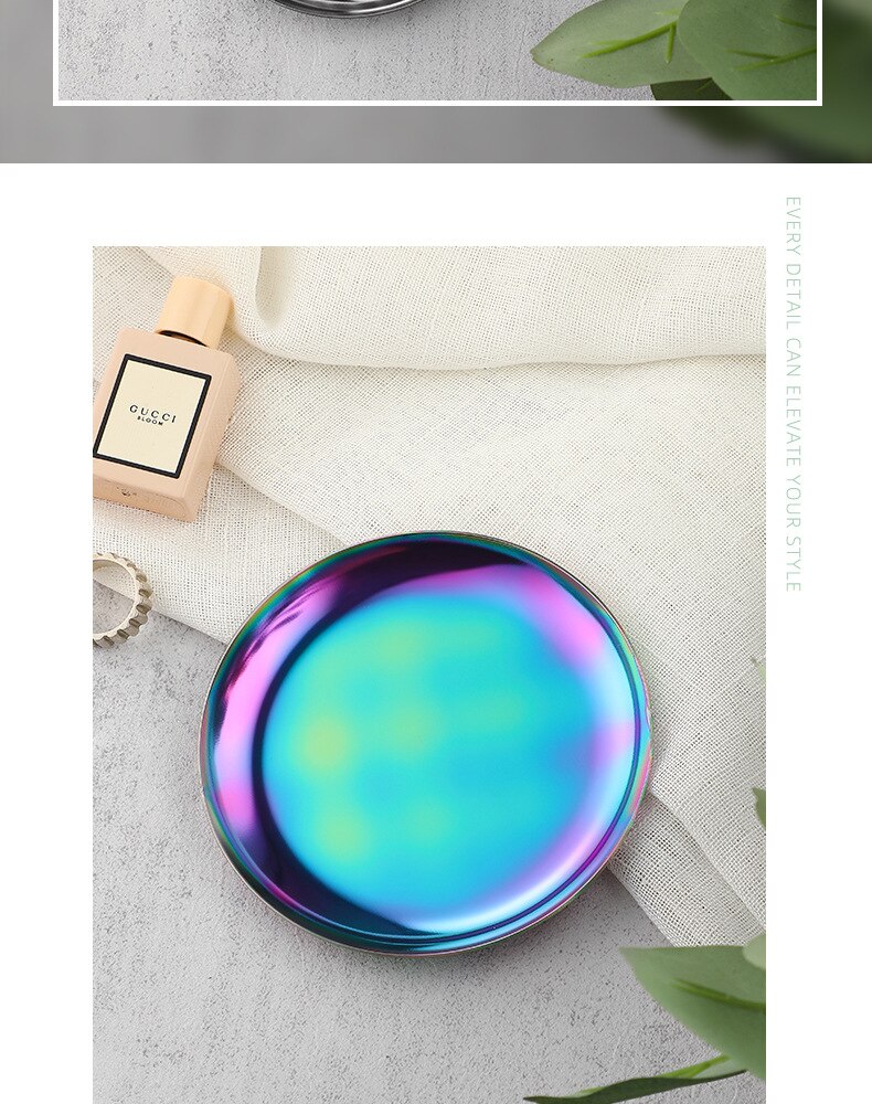 Stainless Steel Round Plate Home Kitchen Food Dessert Cake Metal Dish Pan Jewelry Ring Necklace Organizer Display Tray