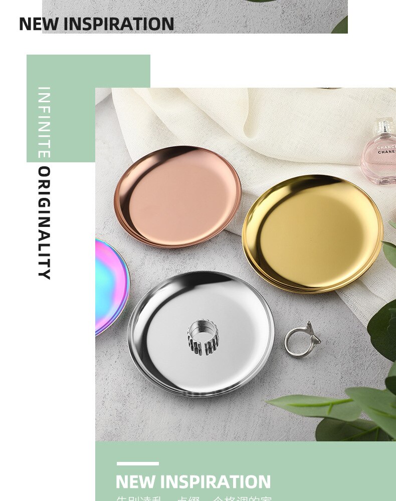 Stainless Steel Round Plate Home Kitchen Food Dessert Cake Metal Dish Pan Jewelry Ring Necklace Organizer Display Tray