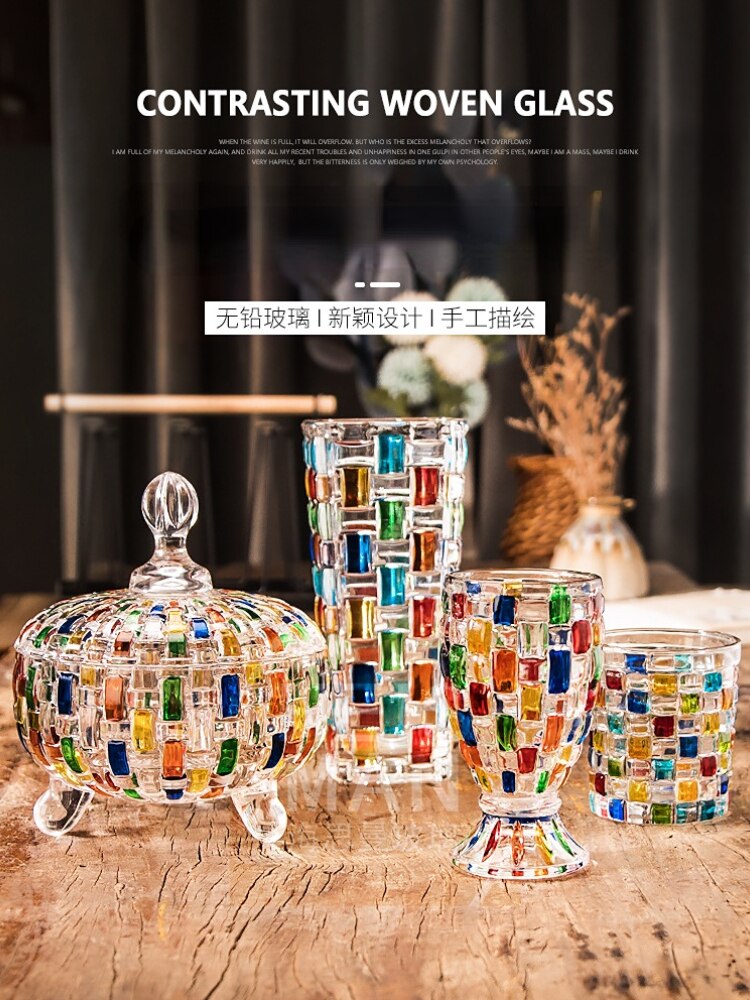 European-style Hand-painted Stained Glass Candy Jar Woven Pattern Fruit Bowl Contrast Vase Painted Juice Cup Whiskey Glass