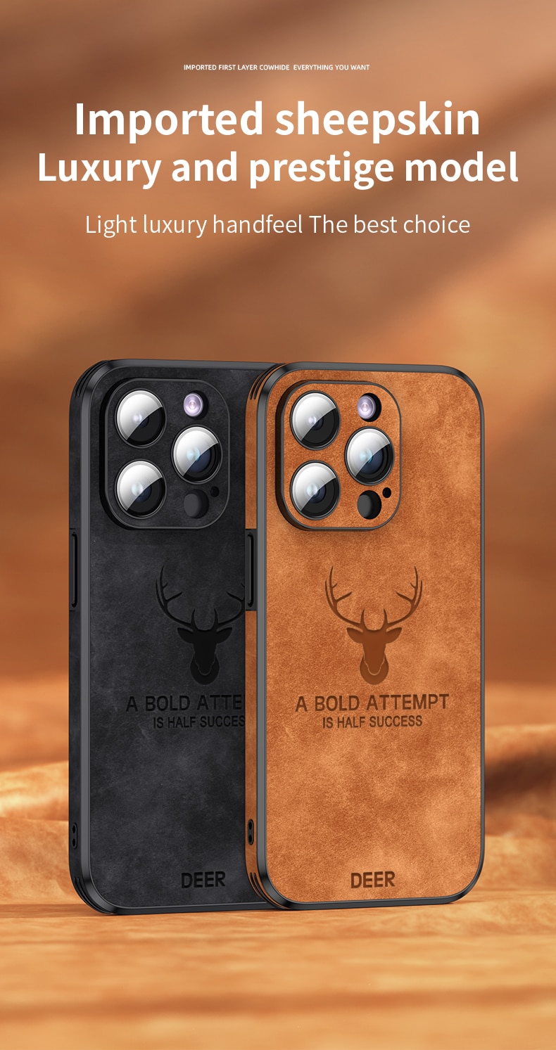 Luxury Deer Leather Phone Case For iPhone 14 13 12 Pro Max Lens Glass Bumper Shockproof Silicone Cellphone Cover Fundas Coque