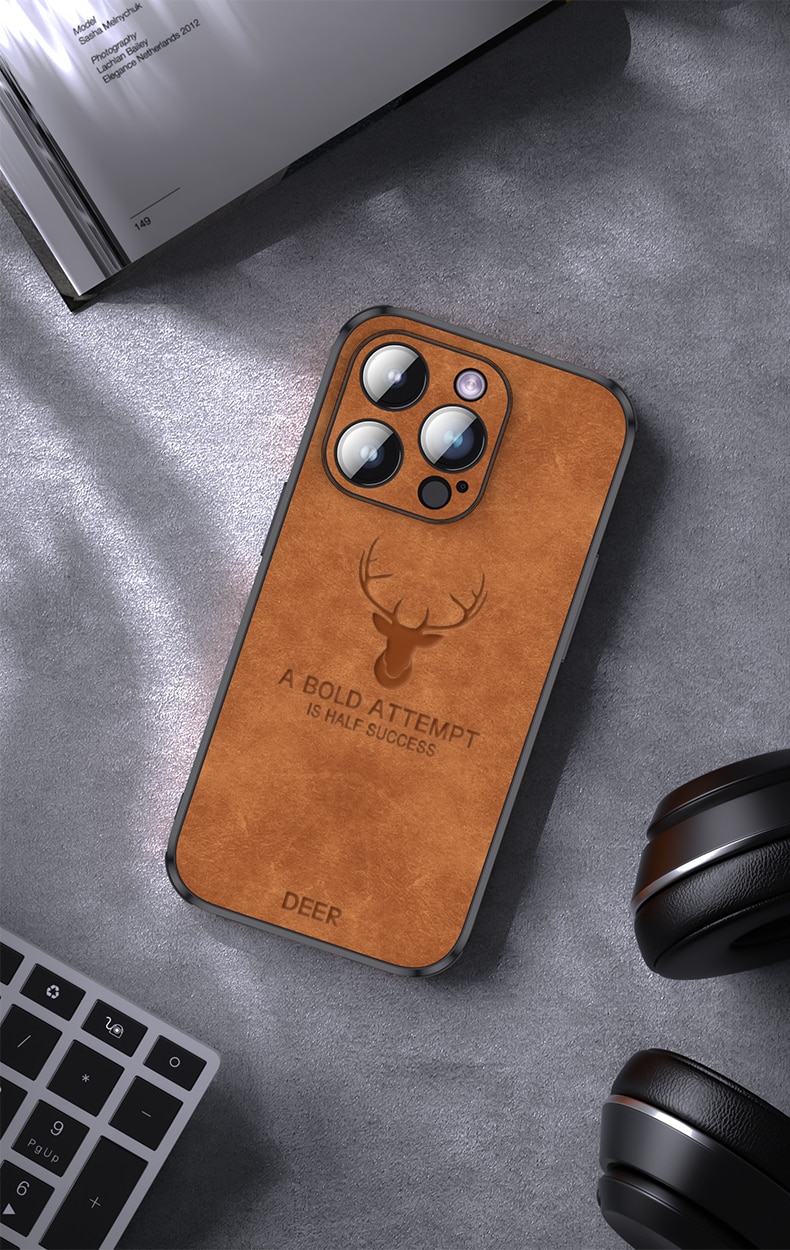 Luxury Deer Leather Phone Case For iPhone 14 13 12 Pro Max Lens Glass Bumper Shockproof Silicone Cellphone Cover Fundas Coque