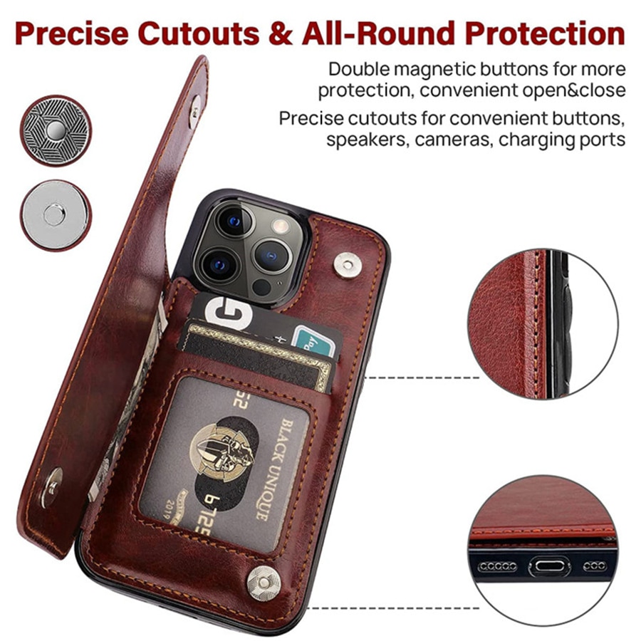 Wallet Double Button With Card Slot Stand Leather Case For iPhone 15 14 Pro Max 13 Mini 12 11 SE 2022 2020 X XS XR 8 7 6 6s Plus