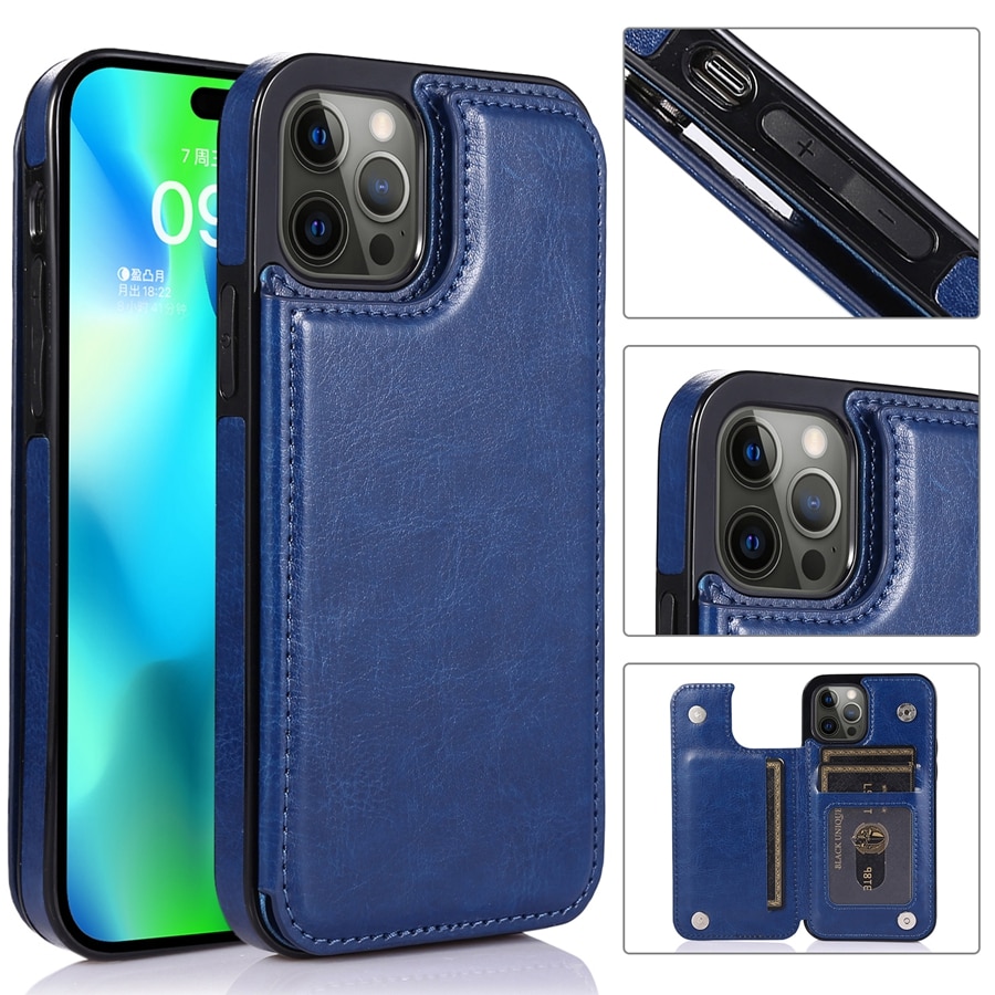 Wallet Double Button With Card Slot Stand Leather Case For iPhone 15 14 Pro Max 13 Mini 12 11 SE 2022 2020 X XS XR 8 7 6 6s Plus