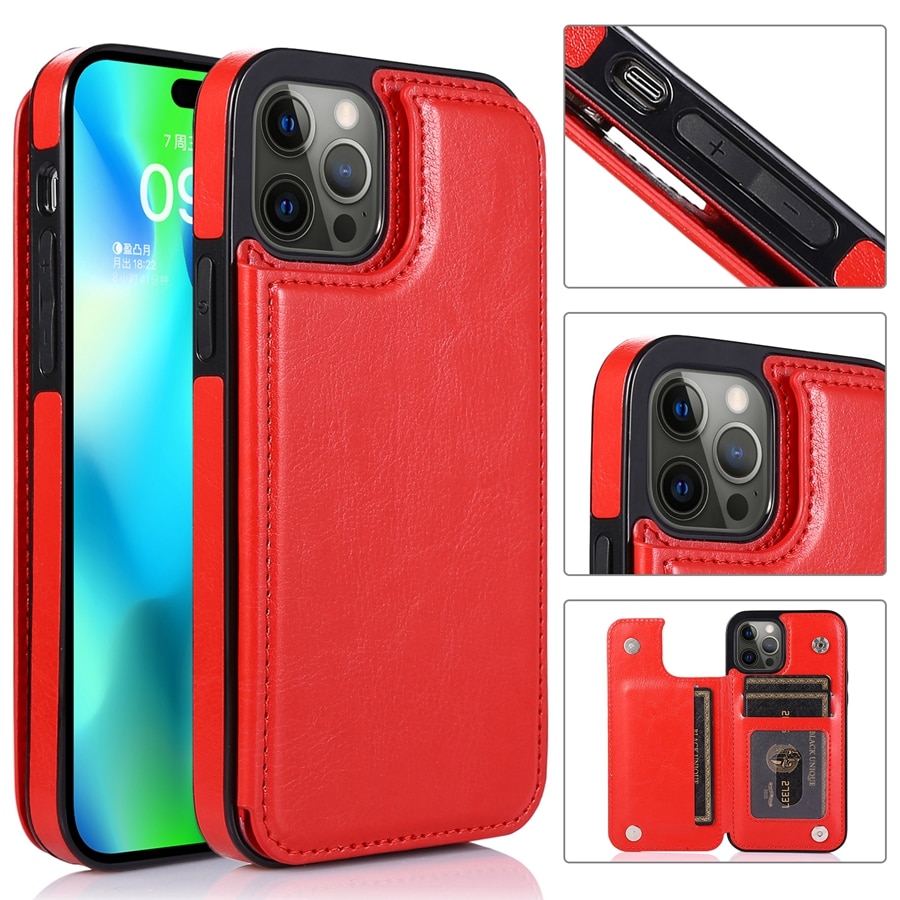 Wallet Double Button With Card Slot Stand Leather Case For iPhone 15 14 Pro Max 13 Mini 12 11 SE 2022 2020 X XS XR 8 7 6 6s Plus