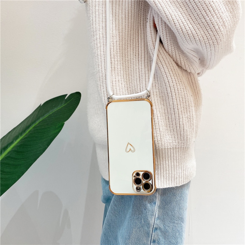 Luxury Crossbody Necklace Lanyard Plating Love Heart Soft Case For iPhone 13 Pro Max 14 12 11 MiNi X XS XR 7 8 plus SE 20 Cover