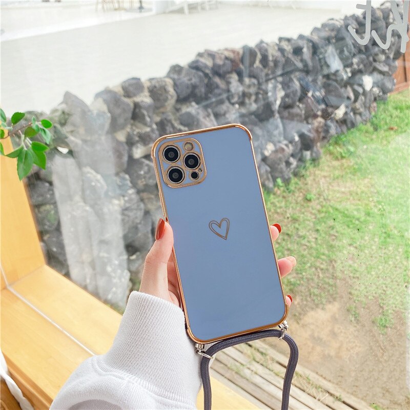 Luxury Crossbody Necklace Lanyard Plating Love Heart Soft Case For iPhone 13 Pro Max 14 12 11 MiNi X XS XR 7 8 plus SE 20 Cover