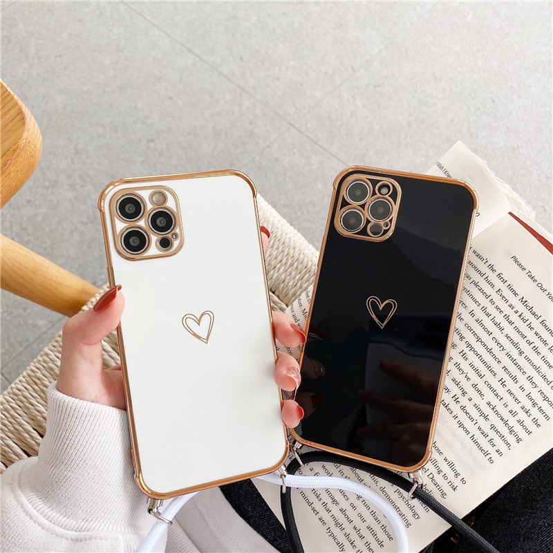 Luxury Crossbody Necklace Lanyard Plating Love Heart Soft Case For iPhone 13 Pro Max 14 12 11 MiNi X XS XR 7 8 plus SE 20 Cover