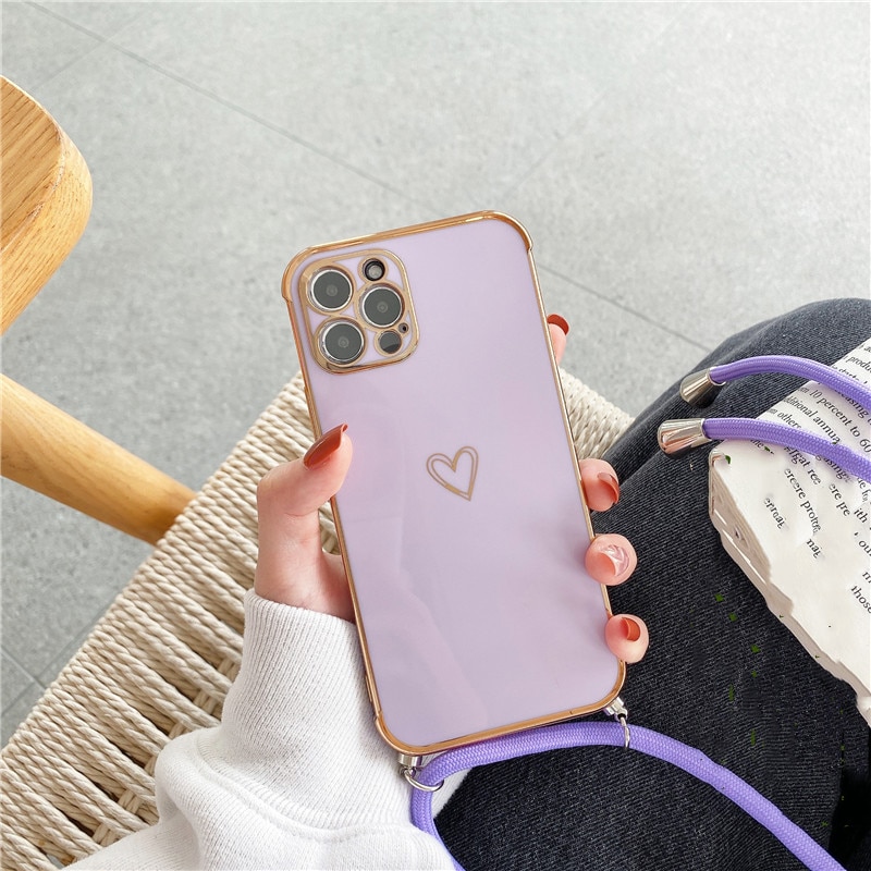Luxury Crossbody Necklace Lanyard Plating Love Heart Soft Case For iPhone 13 Pro Max 14 12 11 MiNi X XS XR 7 8 plus SE 20 Cover