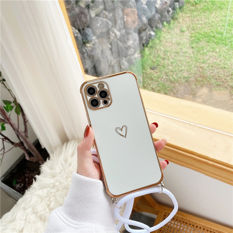 Luxury Crossbody Necklace Lanyard Plating Love Heart Soft Case For iPhone 13 Pro Max 14 12 11 MiNi X XS XR 7 8 plus SE 20 Cover