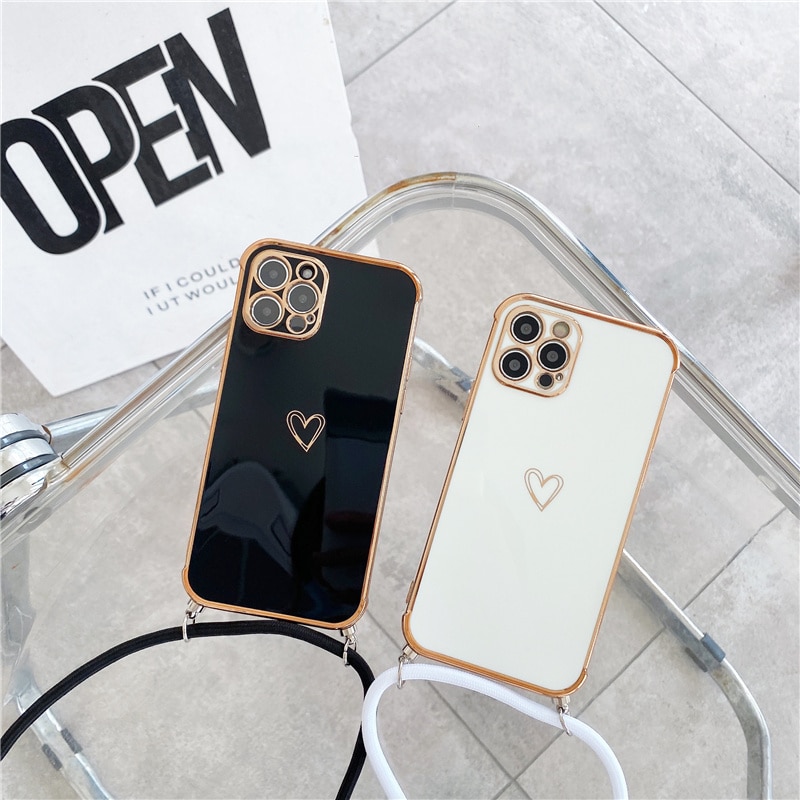 Luxury Crossbody Necklace Lanyard Plating Love Heart Soft Case For iPhone 13 Pro Max 14 12 11 MiNi X XS XR 7 8 plus SE 20 Cover