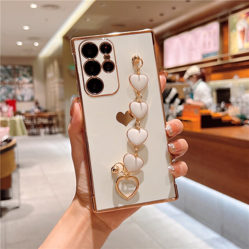 Plating Silicone Love Heart Bracelet Case For Samsung Galaxy S23 S22 S21 Ultra A52 A53 FE A54 A23 A12 A 52S 53 54 5G Soft Covers