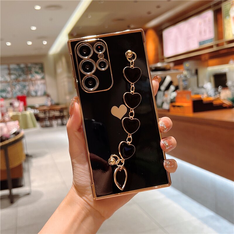 Plating Silicone Love Heart Bracelet Case For Samsung Galaxy S23 S22 S21 Ultra A52 A53 FE A54 A23 A12 A 52S 53 54 5G Soft Covers