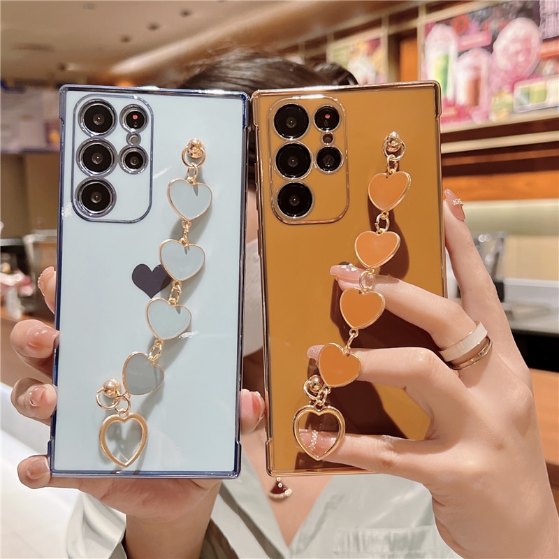 Plating Silicone Love Heart Bracelet Case For Samsung Galaxy S23 S22 S21 Ultra A52 A53 FE A54 A23 A12 A 52S 53 54 5G Soft Covers