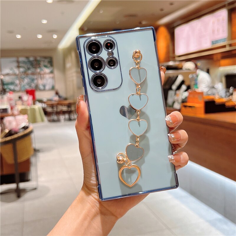 Plating Silicone Love Heart Bracelet Case For Samsung Galaxy S23 S22 S21 Ultra A52 A53 FE A54 A23 A12 A 52S 53 54 5G Soft Covers