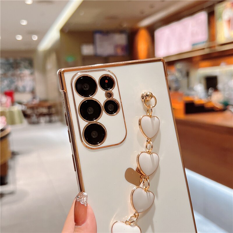 Plating Silicone Love Heart Bracelet Case For Samsung Galaxy S23 S22 S21 Ultra A52 A53 FE A54 A23 A12 A 52S 53 54 5G Soft Covers