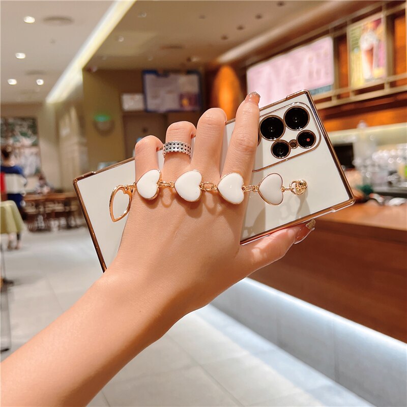 Plating Silicone Love Heart Bracelet Case For Samsung Galaxy S23 S22 S21 Ultra A52 A53 FE A54 A23 A12 A 52S 53 54 5G Soft Covers