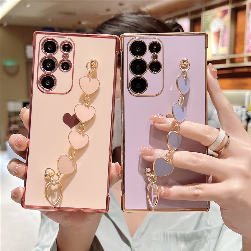 Plating Silicone Love Heart Bracelet Case For Samsung Galaxy S23 S22 S21 Ultra A52 A53 FE A54 A23 A12 A 52S 53 54 5G Soft Covers