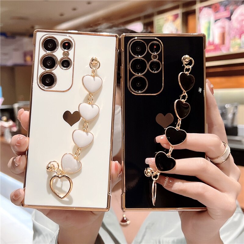 Plating Silicone Love Heart Bracelet Case For Samsung Galaxy S23 S22 S21 Ultra A52 A53 FE A54 A23 A12 A 52S 53 54 5G Soft Covers