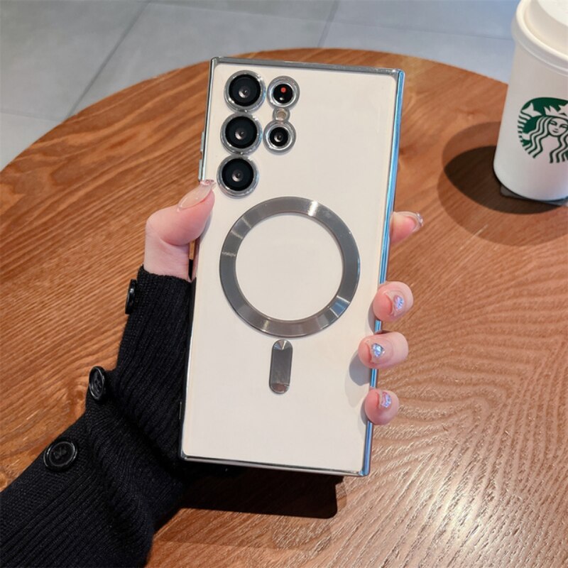 Clear Magnetic Plating Case For Samsung Galaxy S23 S22 S21 FE Ultra Plus For Magsafe Wireless Charger Silicone Protective Cover Clear Magnetic Plating Case For Samsung Galaxy S23 S22 S21 FE Ultra Plus For Magsafe Wireless Charger Silicone Protective Cover