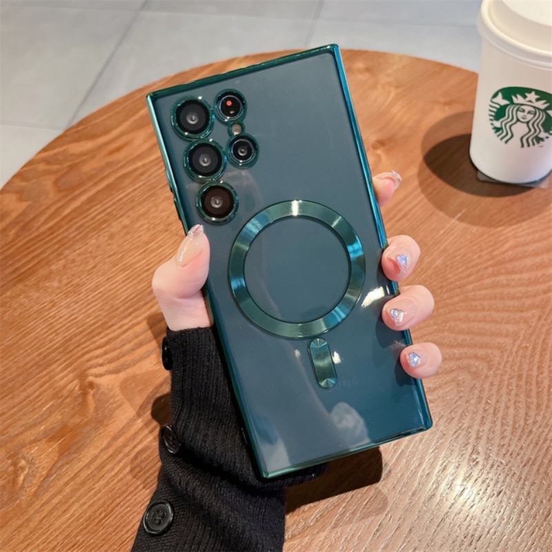 Clear Magnetic Plating Case For Samsung Galaxy S23 S22 S21 FE Ultra Plus For Magsafe Wireless Charger Silicone Protective Cover Clear Magnetic Plating Case For Samsung Galaxy S23 S22 S21 FE Ultra Plus For Magsafe Wireless Charger Silicone Protective Cover