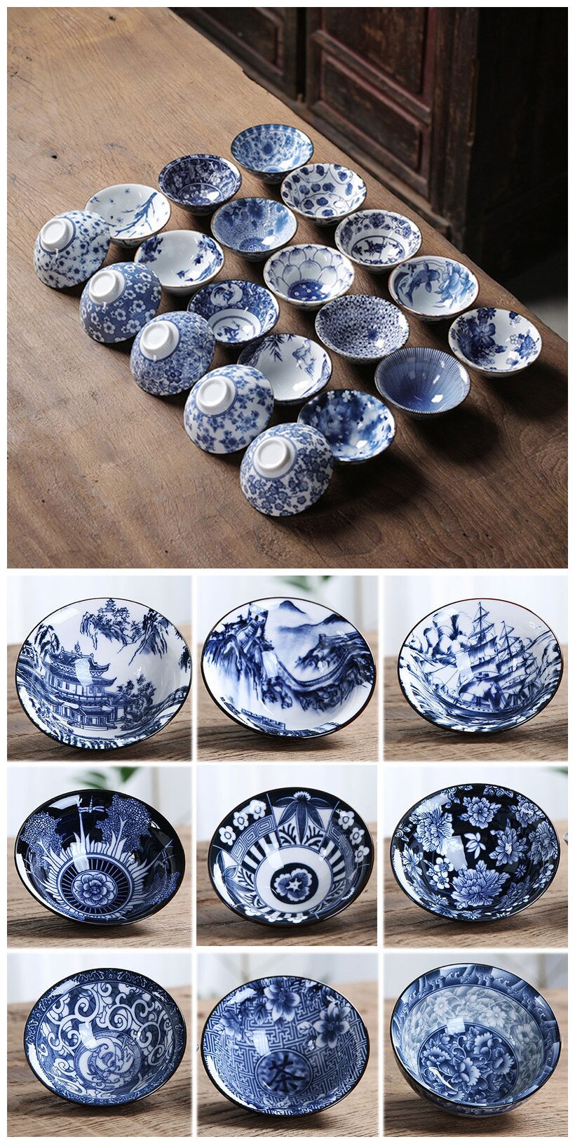 1 PCS Retro Blue and White Porcelain Cone Teacup Anti Scaling Hand-Painted Ceramic Tea Bowl Travel Meditation Cups Tea set
