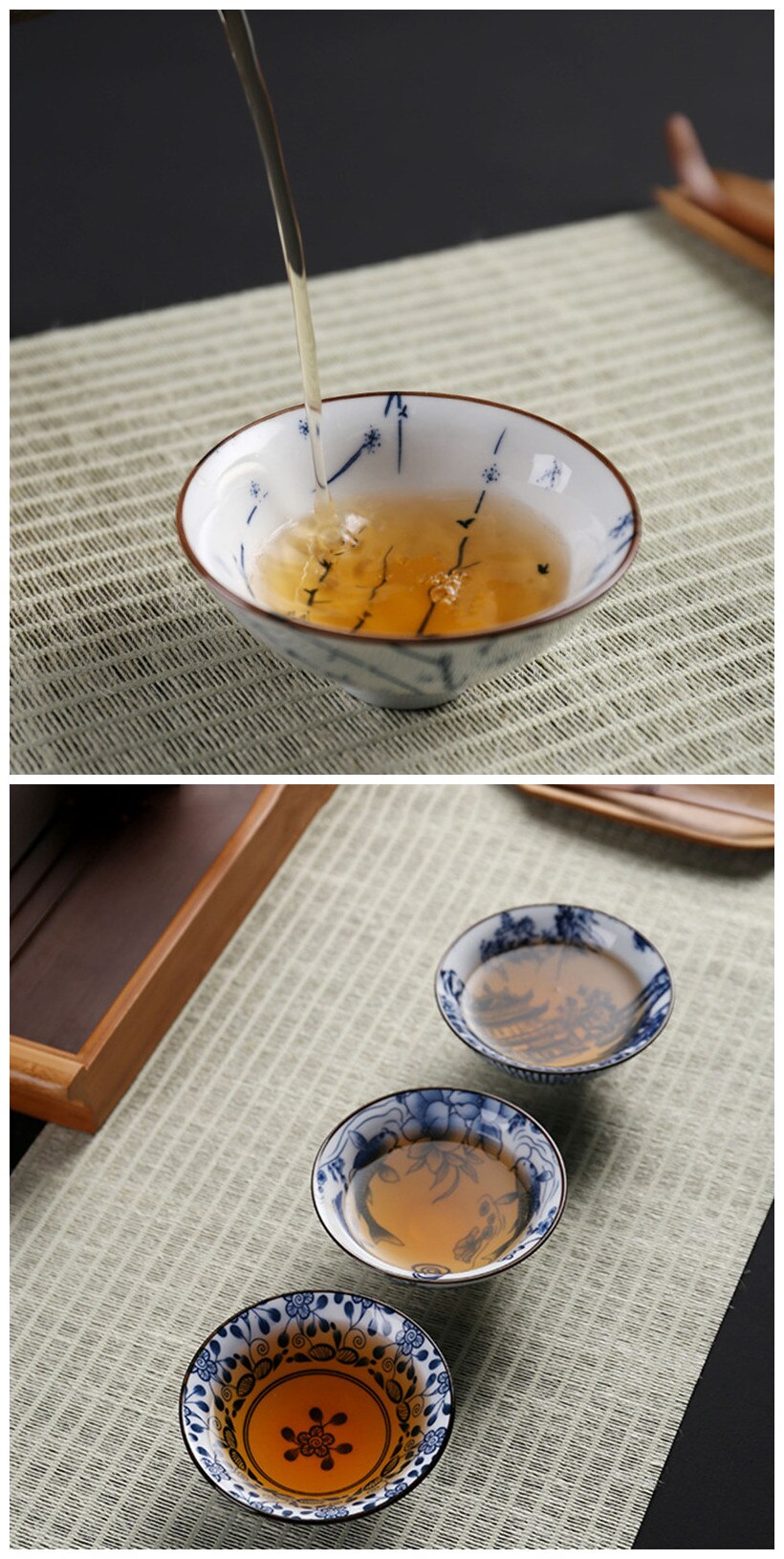 1 PCS Retro Blue and White Porcelain Cone Teacup Anti Scaling Hand-Painted Ceramic Tea Bowl Travel Meditation Cups Tea set