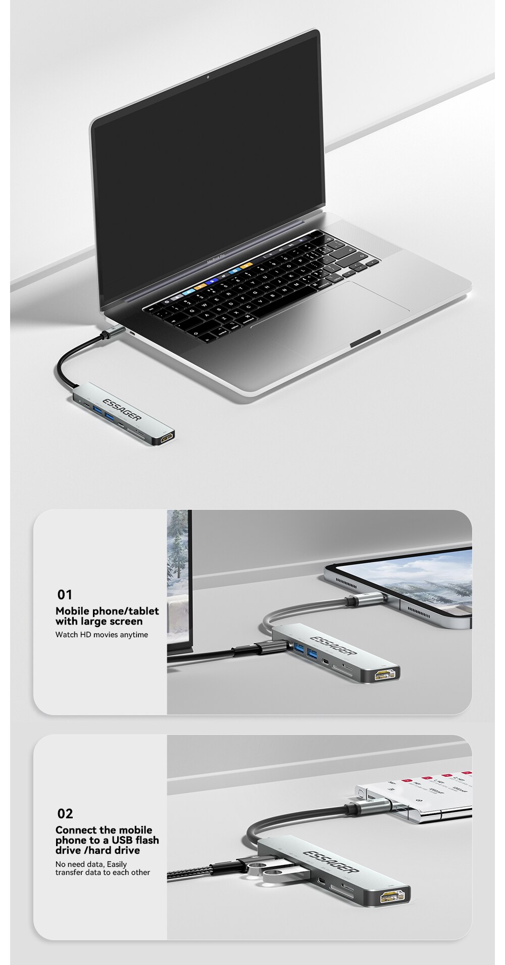 Essager USB C Hub 7 In 1 Type C 3.1 To 4K HDMI Adapter with RJ45 SD/TF Card Reader PD Fast Charge for MacBook Laptop Computer