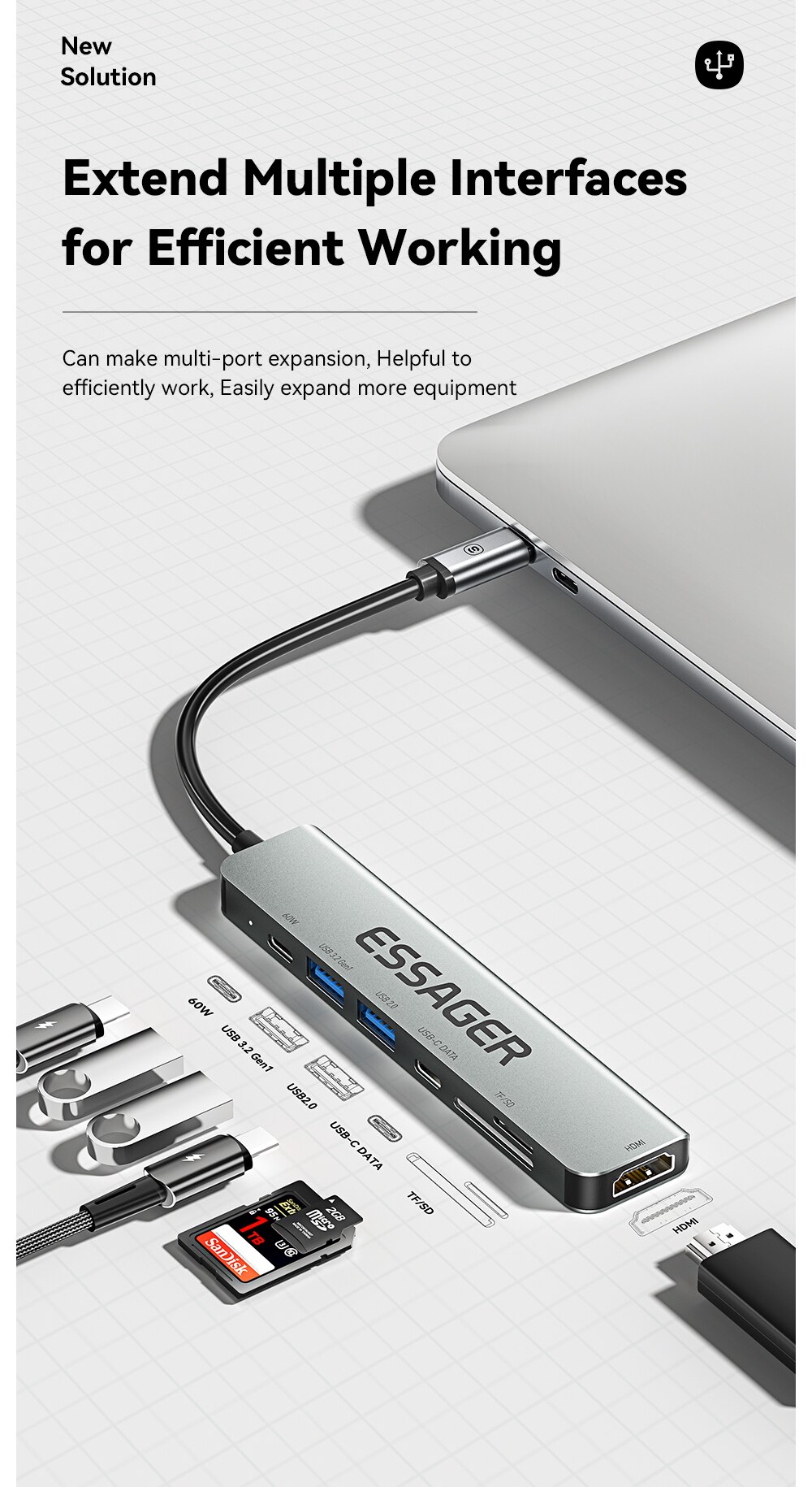 Essager USB C Hub 7 In 1 Type C 3.1 To 4K HDMI Adapter with RJ45 SD/TF Card Reader PD Fast Charge for MacBook Laptop Computer