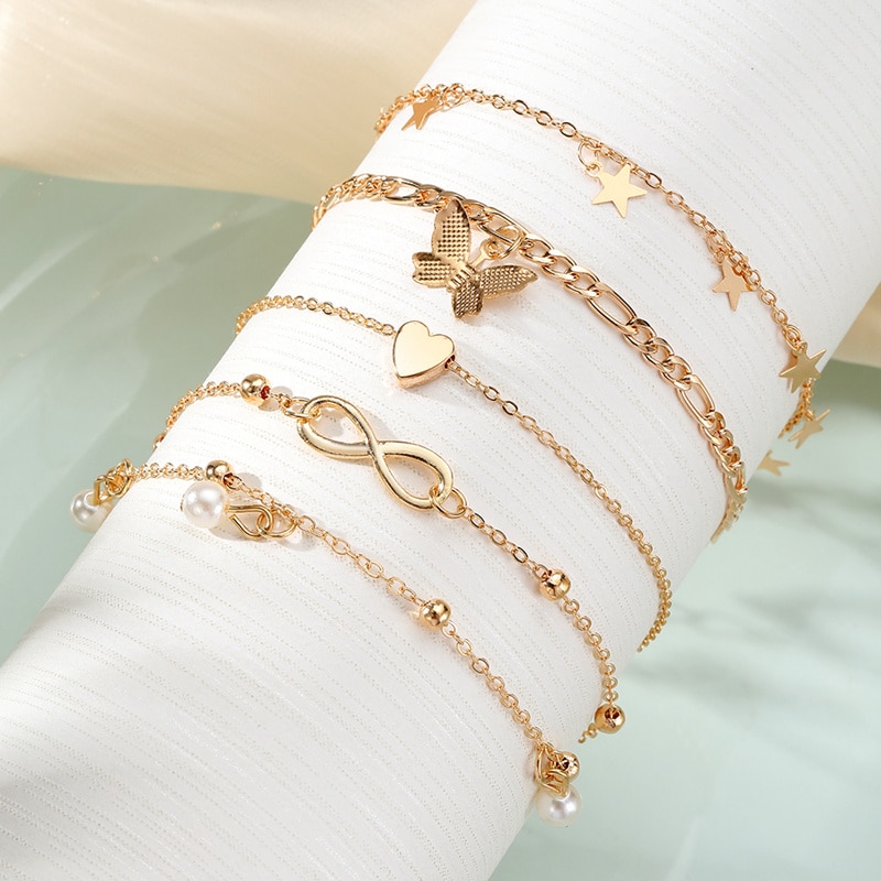 IFKM Gold Color Vintage Butterfly Anklet Set For Women Multilayers Adjustable Love Anklet Bracelet On Leg Foot Beach Jewelry