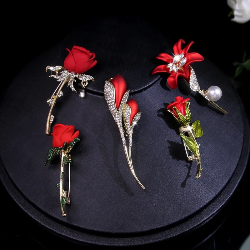 Gold Color Rose Brooch For Women Luxury Design Red Romantic Rhinestone Tulip Flower Brooch Pins Jewelry Wedding Birthday Gifts