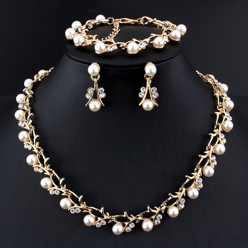 Fashion Imitation Pearl Wedding Necklace Earring Bridal For Women Elegant Rhinestone Jewelry Sets Party Gift