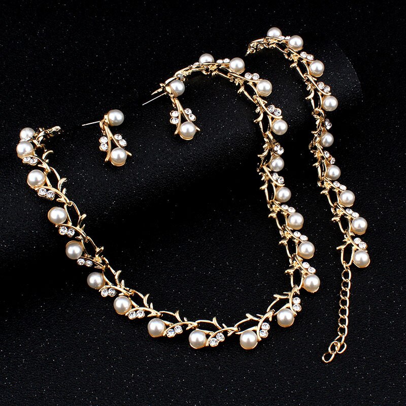 Fashion Imitation Pearl Wedding Necklace Earring Bridal For Women Elegant Rhinestone Jewelry Sets Party Gift