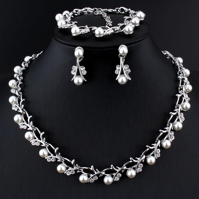 Fashion Imitation Pearl Wedding Necklace Earring Bridal For Women Elegant Rhinestone Jewelry Sets Party Gift