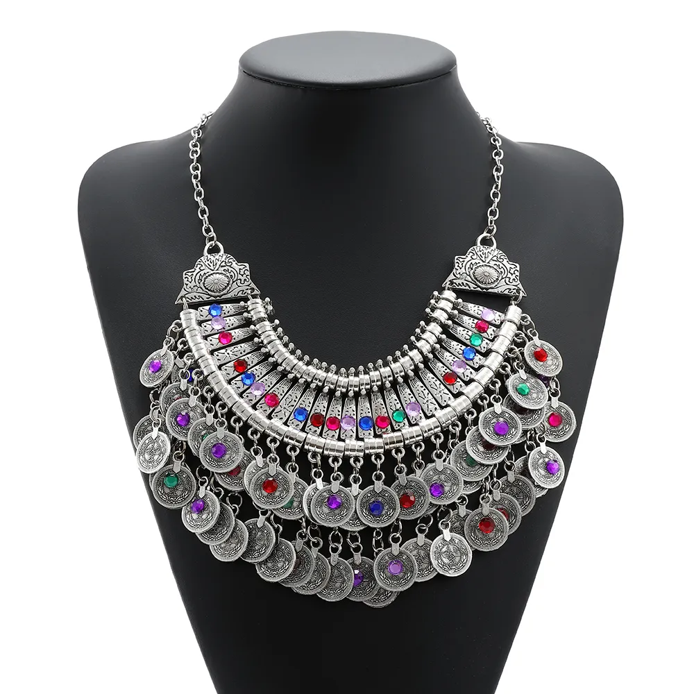 Ethnic Fashion Vintage Silver Color Metal Crystal Necklace Dangle Earrings For Women Boho Luxury Party Jewelry Set Accessories