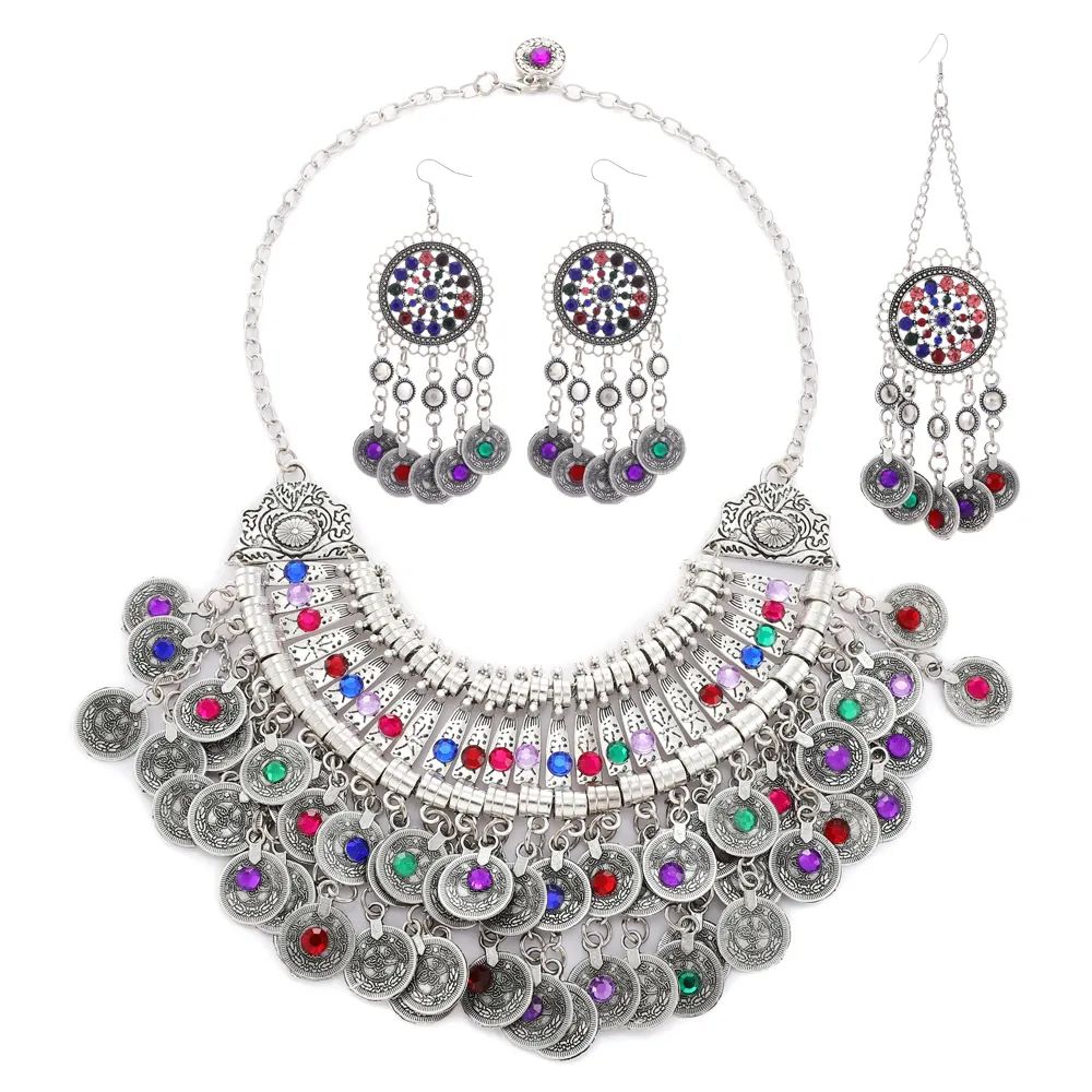 Ethnic Fashion Vintage Silver Color Metal Crystal Necklace Dangle Earrings For Women Boho Luxury Party Jewelry Set Accessories