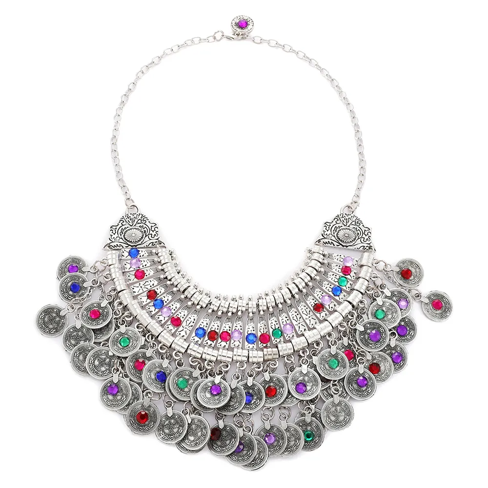 Ethnic Fashion Vintage Silver Color Metal Crystal Necklace Dangle Earrings For Women Boho Luxury Party Jewelry Set Accessories
