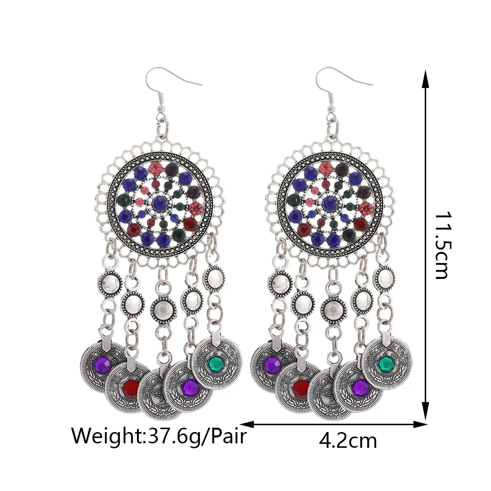Ethnic Fashion Vintage Silver Color Metal Crystal Necklace Dangle Earrings For Women Boho Luxury Party Jewelry Set Accessories