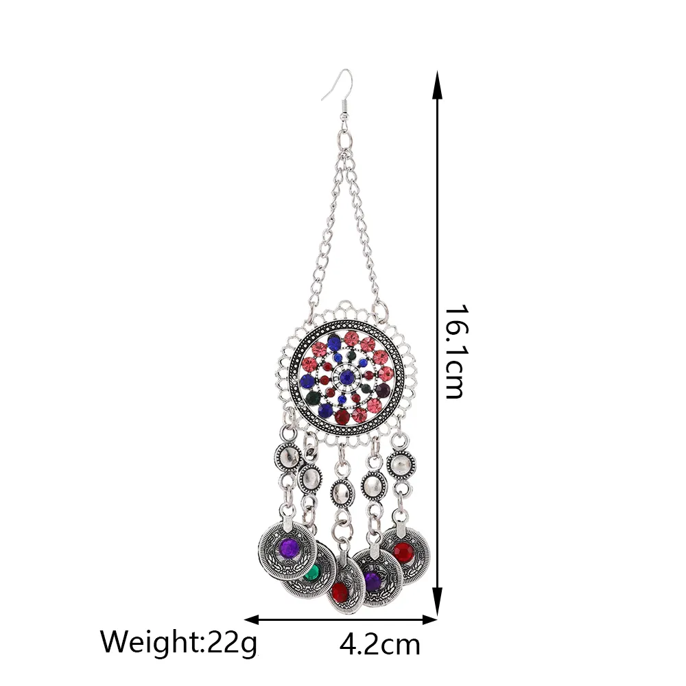Ethnic Fashion Vintage Silver Color Metal Crystal Necklace Dangle Earrings For Women Boho Luxury Party Jewelry Set Accessories