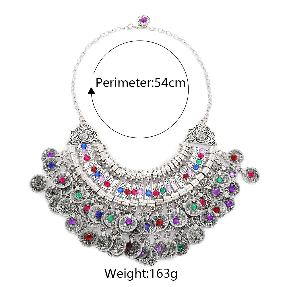 Ethnic Fashion Vintage Silver Color Metal Crystal Necklace Dangle Earrings For Women Boho Luxury Party Jewelry Set Accessories