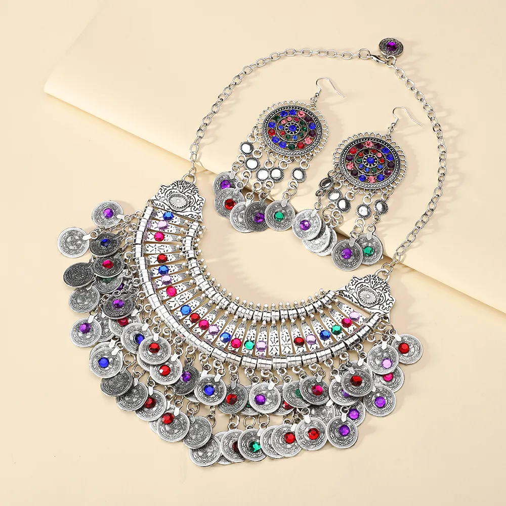 Ethnic Fashion Vintage Silver Color Metal Crystal Necklace Dangle Earrings For Women Boho Luxury Party Jewelry Set Accessories